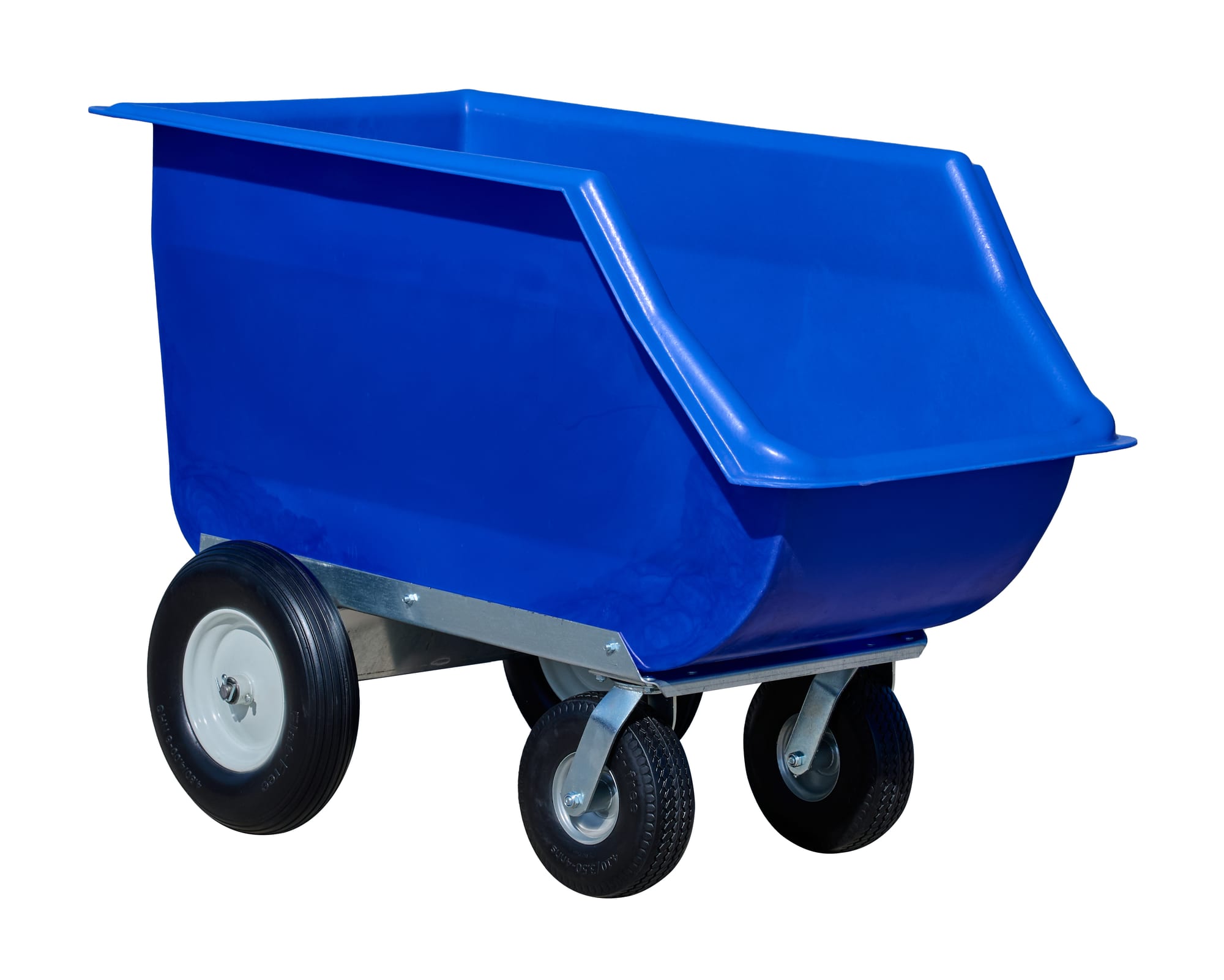 FC-15 blue feed cart with angled front scoop and four flat-free casters, three-quarter view