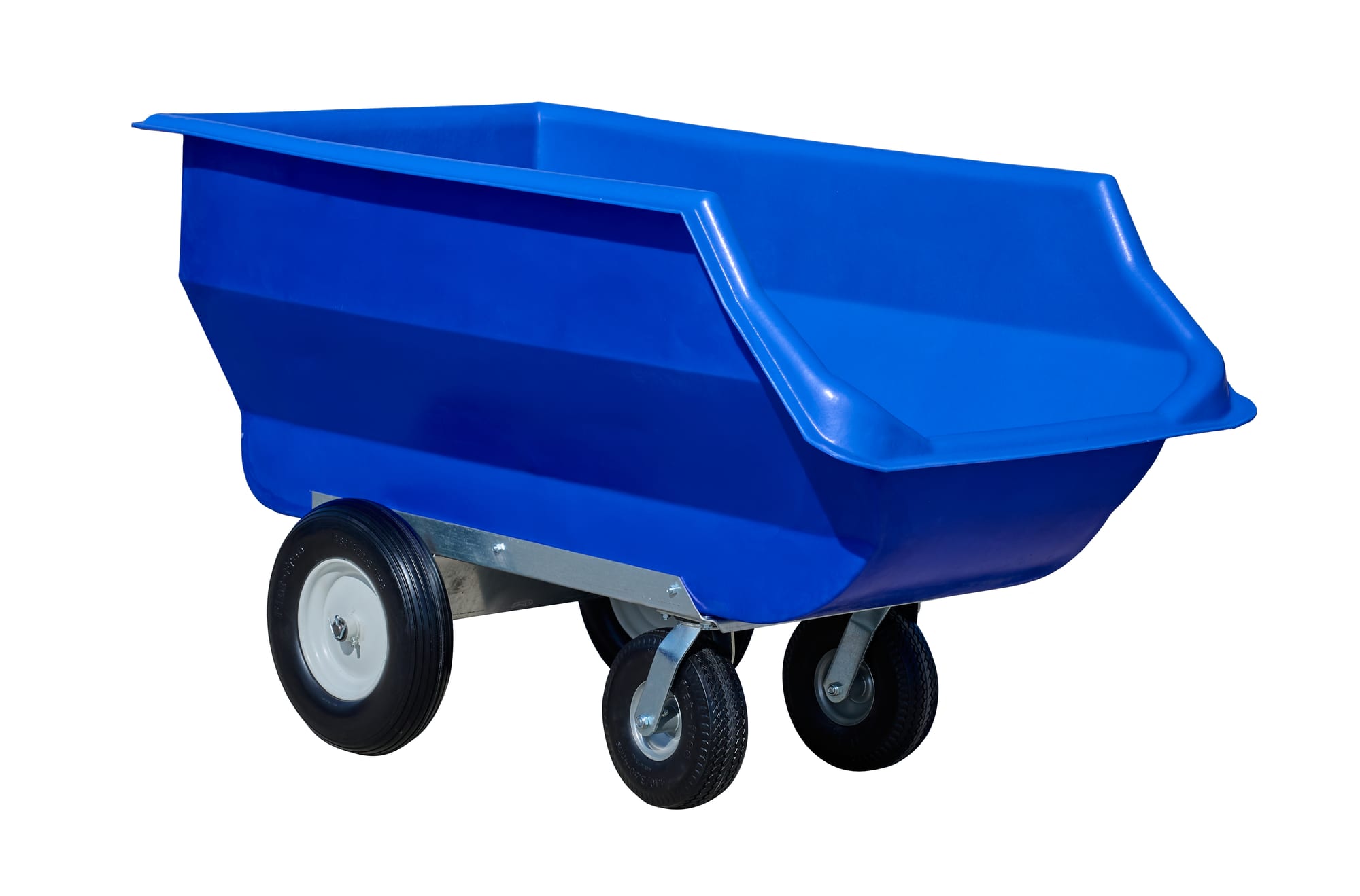 FC-20 blue feed cart with angled front scoop and four flat-free casters, three-quarter view