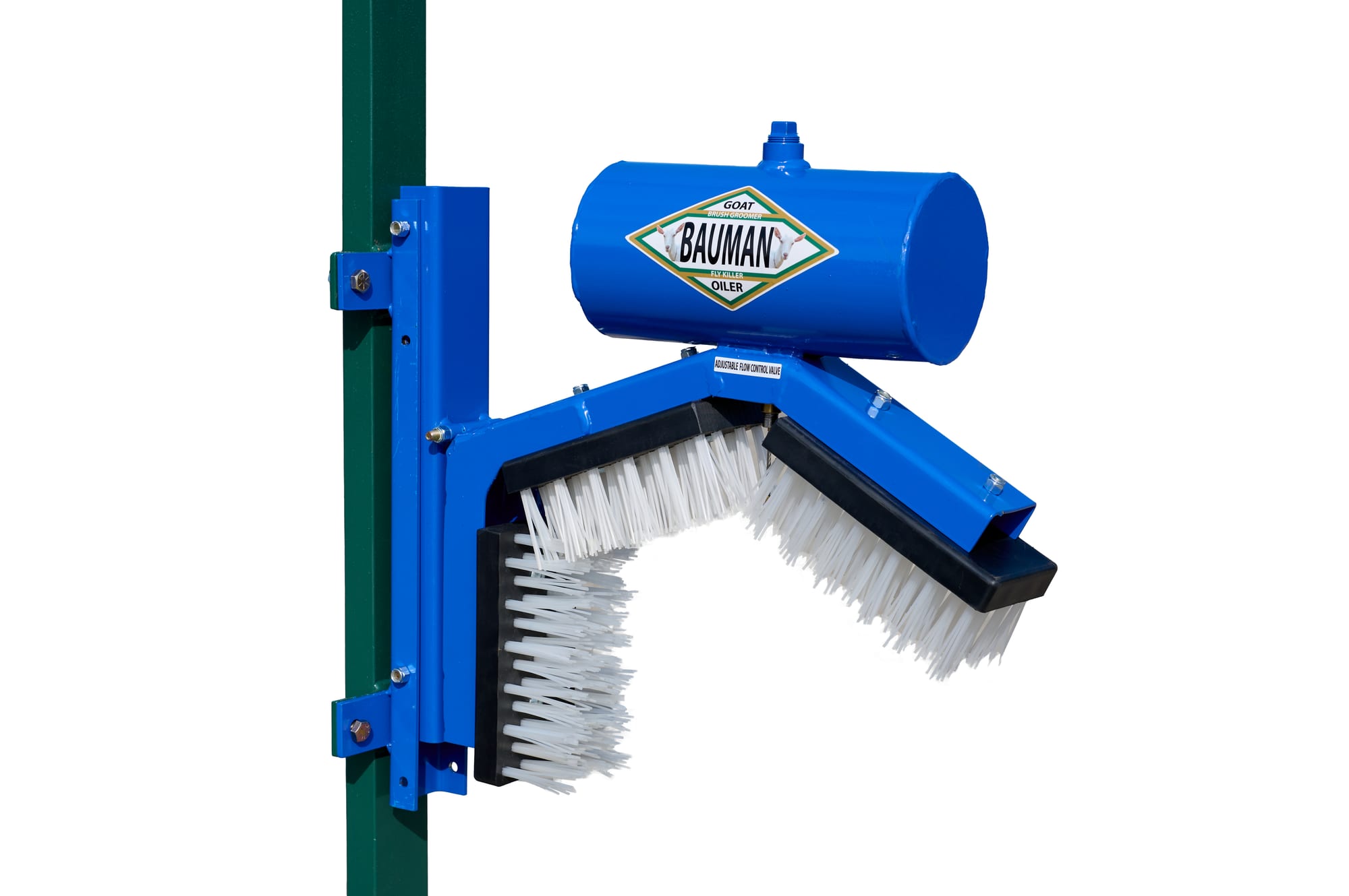 Goat oiler blue unit with horizontal cylindrical tank, two nylon brush arms, mounted on green post, three-quarter view