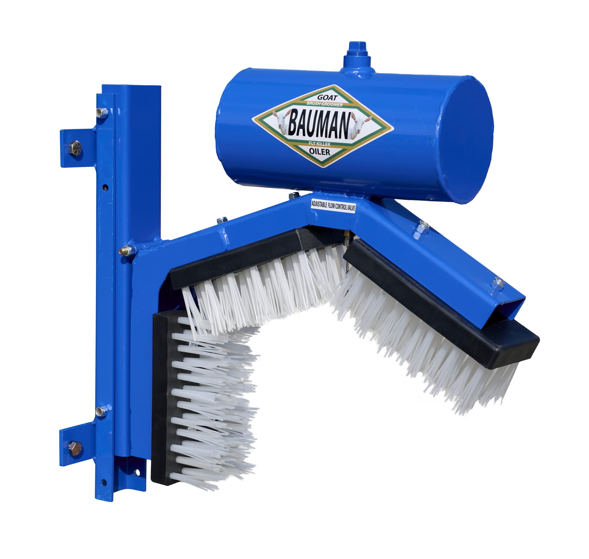 Goat oiler blue unit with horizontal tank and dual nylon brush arms, three-quarter front view