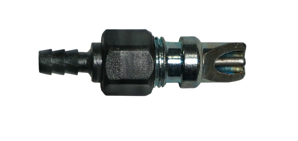 RDLB rabbit drinker with small hose barb, plastic nut and steel bite valve, side view