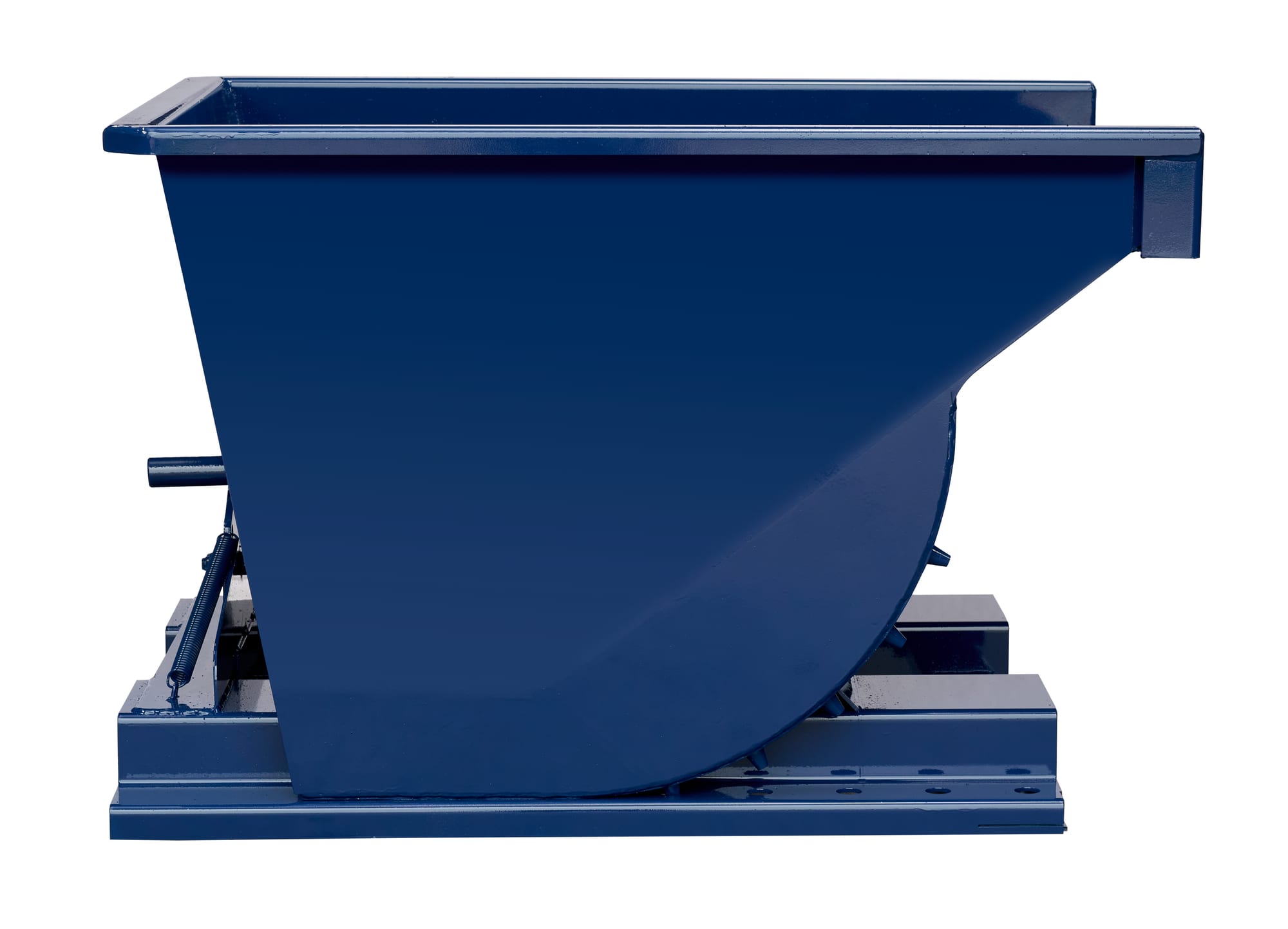 SD12R blue steel self-dumping hopper, direct side view showing curved discharge wall and pivot axle