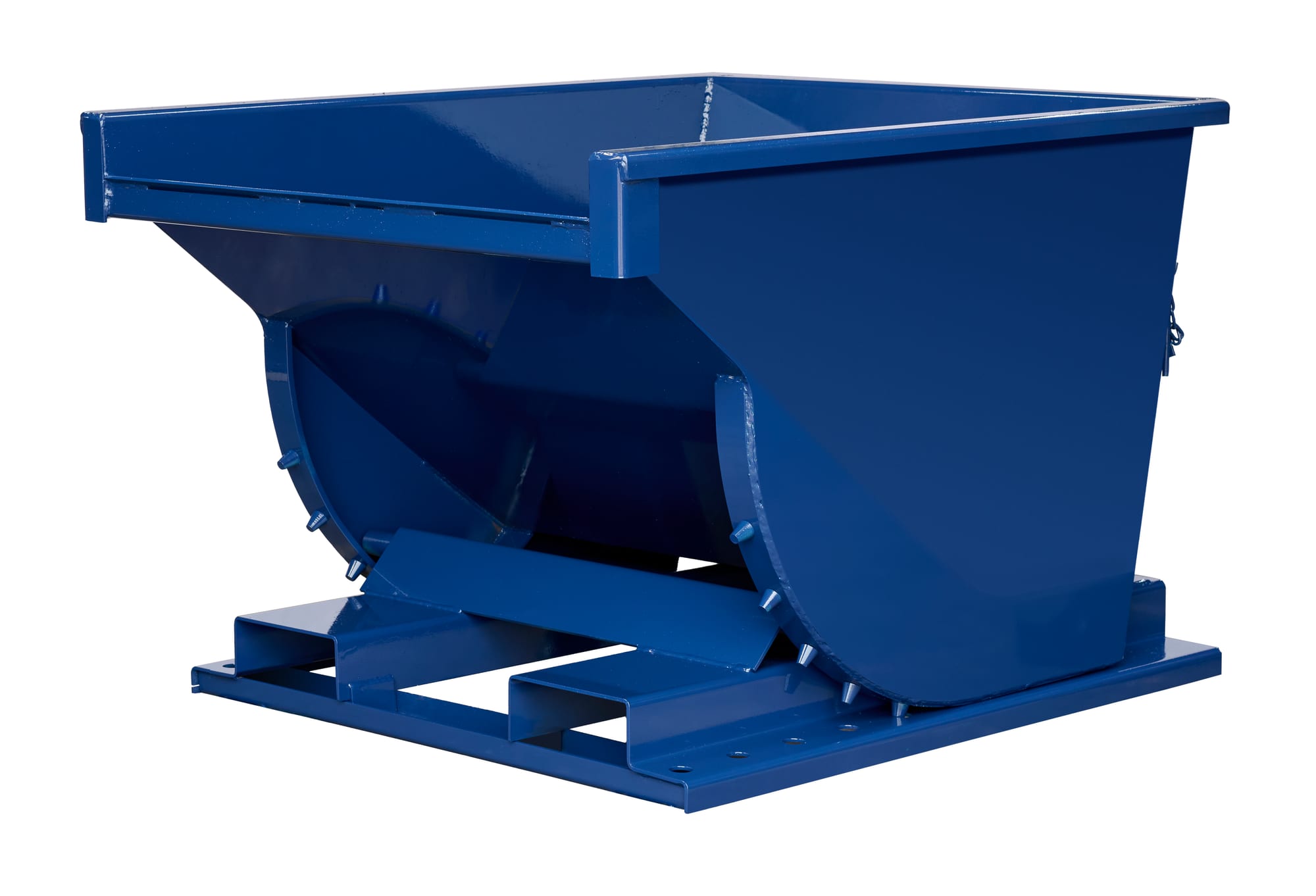 SD12R blue steel self-dumping hopper tilted forward, front-left angle exposing interior and curved lower wall