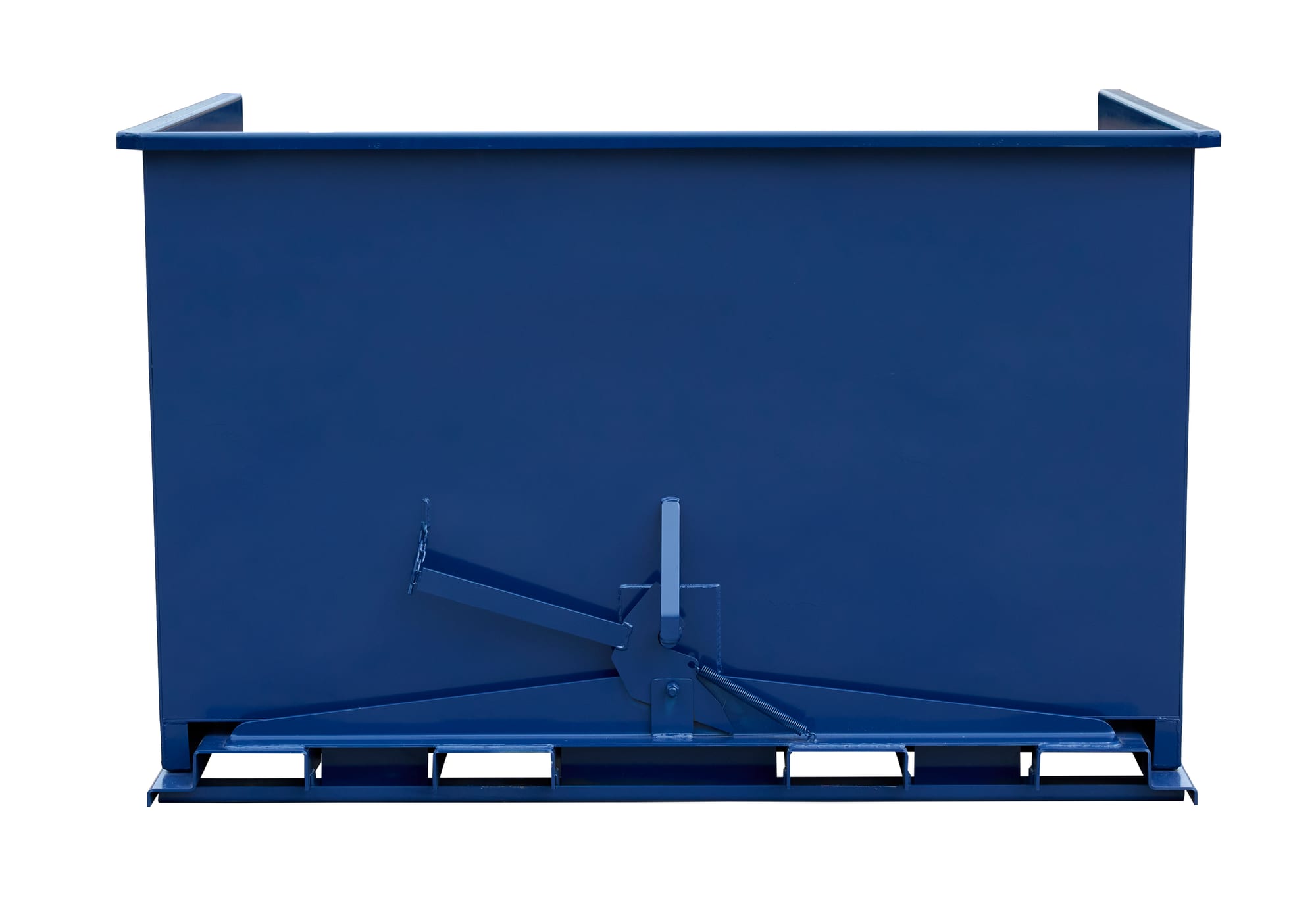 SD500R blue self-dumping hopper straight front view showing trip latch, spring, and forklift pockets