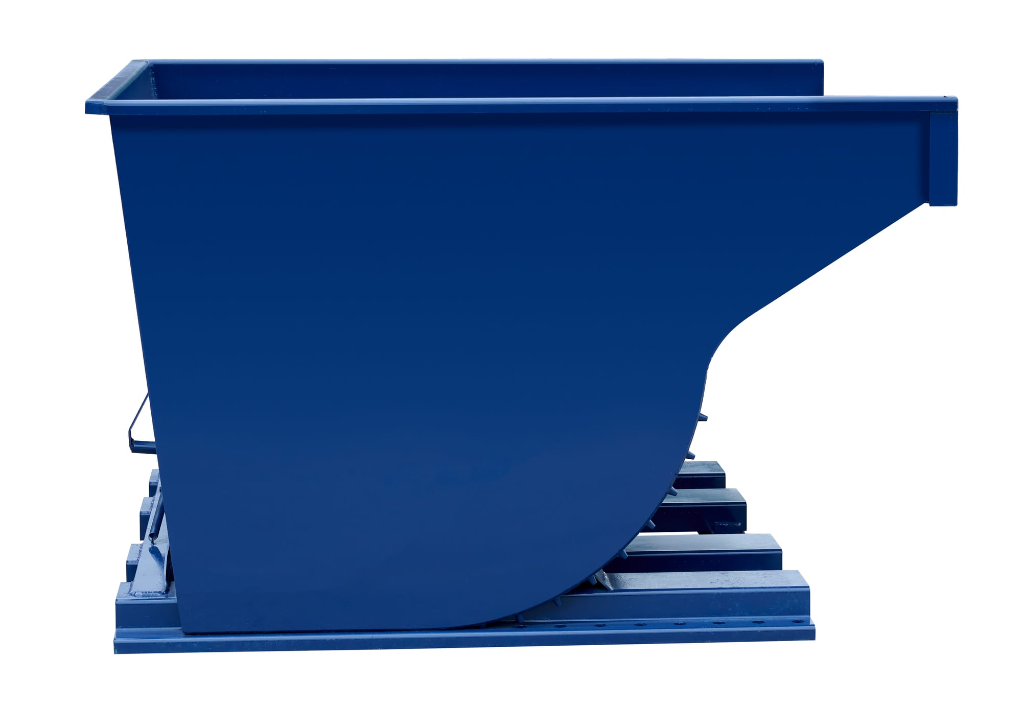 SD500R blue self-dumping hopper direct side view showing curved dump chute and multi-rail forklift base