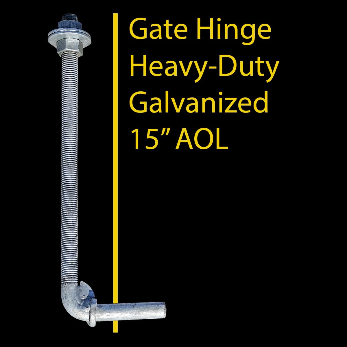 HD gate hinge heavy-duty galvanized bolt-on hinge with threaded rod and nut, vertical front view