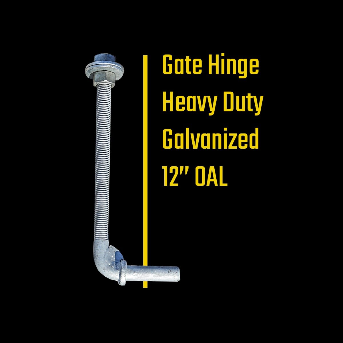 HD gate hinge heavy-duty galvanized bolt-on hinge with long threaded rod and nut, vertical front view