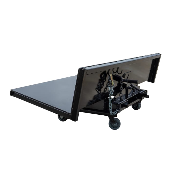 Tipper Shelves black steel wheeled tipper shelf unit tilted forward with chain safety restraint