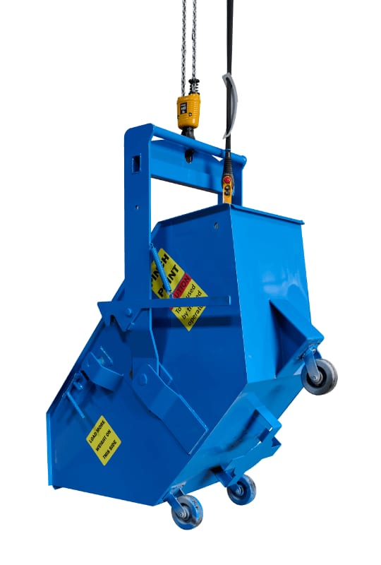 Crane Hopper 3/4 yard blue steel self-dumping hopper suspended by crane hook with casters, angled front view