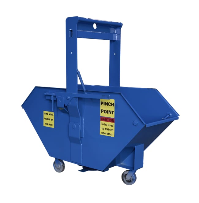 Crane Hopper 3/4 yard blue steel hopper on casters with crane frame, three-quarter front-left view